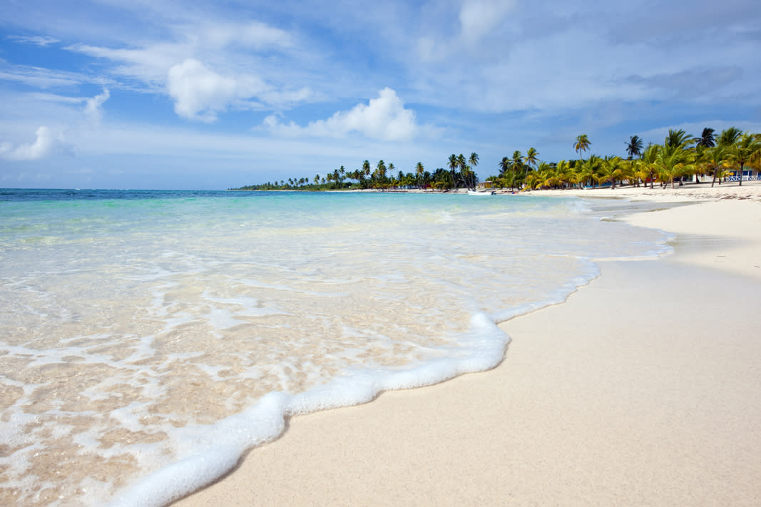 Saona Island beach with calm waters and lush vegetation